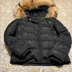 Theory Black Puffer Jacket with Fur Hood
